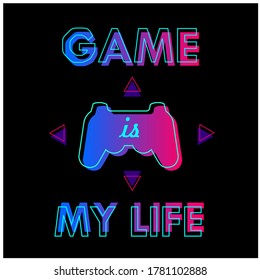 
illustration of text art vector. game is mylife. in blue, pink, purple, and Tosca