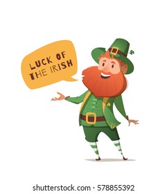 Illustration with text bubble leprechaun Irish luck. Vector dwarf for a party to honor St. Patrick's Day. Invitation to the pub.