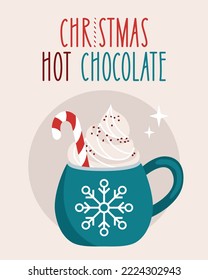 Illustration and text christmas hot chocolate drink cup with cream and candy cane, christmas advert banner for cafe.
