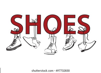 illustration with text and hanging on shoelaces shoes