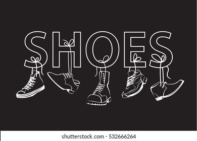 illustration with text and hanging on shoelaces shoes