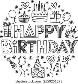 illustration with the text 'HAPPY BIRTHDAY' in the center, surrounded by birthday-themed elements like a cake with candles, cupcakes, presents, balloons, party hats, hearts, stars, and confetti.