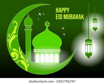 Illustration of text Happy Eid Mubarak with crescent moon, lamp and mosque, ready for Islamic postcards or greeting cards design