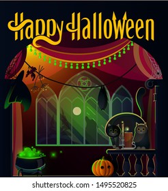 illustration with text happy halloween two cats in an old castle