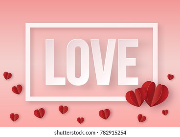 illustration of text " LOVE " with red hearts, paper art design and craft style. Valentine's concept.