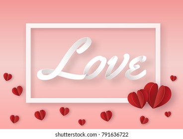 illustration of text " LOVE " with red hearts, paper art design and craft style. Valentine's concept.