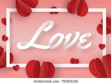 illustration of text " LOVE " with red hearts, paper art design and craft style. Valentine's concept.