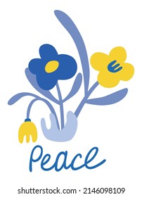 Illustration with text peace in blue and yellow Ukraine flag colors on white background with flowers. Support Ukraine, not war in Ukraine concept for print, textile, greeting card, banner or poster.