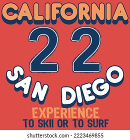 Illustration text San Diego California with numbers 22 in patchwork Cool surf design.