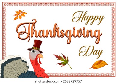 Illustration with text for Thanksgiving Day.Vector illustration with turkey, autumn leaves and text for Thanksgiving Day.