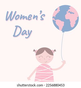 Illustration with text Womens Day and girl holding balloon with earth image. Illustration Can be used like postcard, banner, sticker.