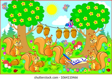 Illustration for a textbook on mathematics. Merry squirrels in the forest learn to count and read. Vector cartoon image.