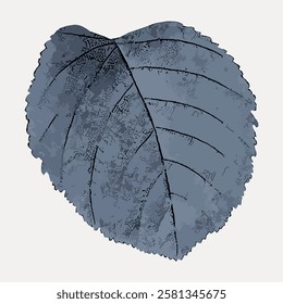 Illustration of a textured, blue leaf with veins. The leaf design is artistic, with a focus on texture and color. Blue leaf art, textured and detailed. Vintage botanical leaf illustration vector.