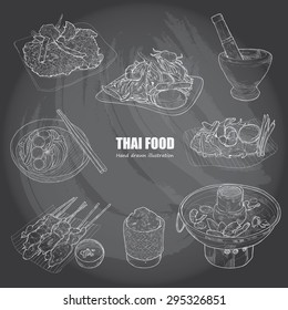 illustration of Thai food on chalkboard.