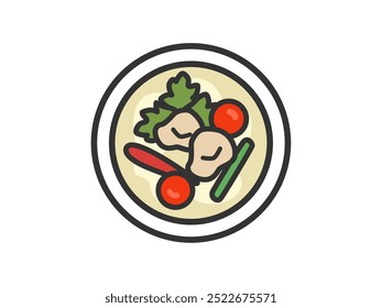 Illustration of the Thai food tom kha gai icon (color line drawing).