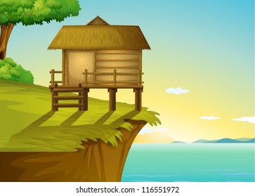 Illustration of a thai house on a cliff