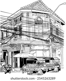 Ilustração do antigo edifício tailandês. Shophouse estilo desenhado à mão livre em Bangrak Bangkok, 