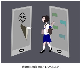 Illustration Thai Students Walk In The Middle Between 2 Mobile Phones. A Criminal May Lure Children Through Phone Chats. People  Vector Cartoon Character On Isolated Background. 