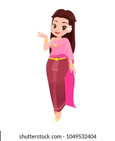 illustration thai women in thai traditional dress, Traditional southeast asian costume, Vector cartoon