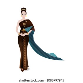 illustration thai women in thai traditional dress, National dress, Traditional southeast asian costume, Vector cartoon
