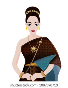 illustration thai women in thai traditional dress, National dress, Traditional southeast asian costume, Vector cartoon