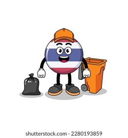Illustration of thailand flag cartoon as a garbage collector , character design