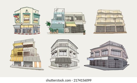 Illustration of Thailand old town. Hand drawn style vector.