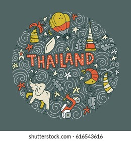 Illustration of Thailand with symbols of the city. Vector doodle illustration.