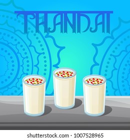 Illustration of thandai,indian milk drink on blue background with ornaments