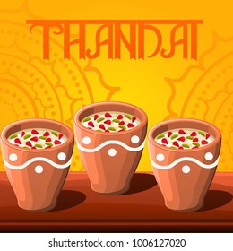 Illustration of thandai,indian milk drink in traditional cup on yellow background with ornaments