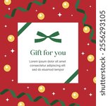 Illustration of a thank you card, invitation or gift with a winter Christmas concept. With a green ribbon and glowing light bulbs in the background.