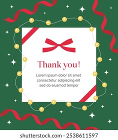 Illustration of a thank you card, invitation or gift with a winter Christmas concept. With a red ribbon and glowing light bulbs in the background.