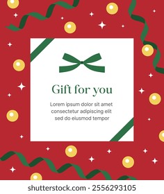 Illustration of a thank you card, invitation or gift with a winter Christmas concept. With a green ribbon and glowing light bulbs in the background.