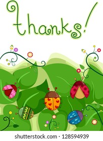 Illustration of a Thank You Card with Ladybugs and Leaves in the Background