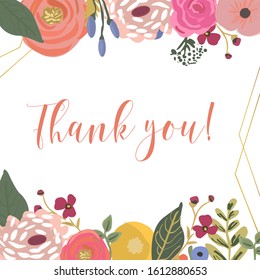 Illustration thank you with flowers in a golden frame. 