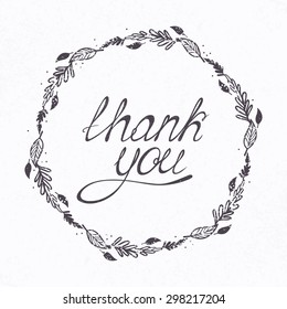 Illustration with THANK YOU hand lettering and floral frame. Template for your design. Vector illustration eps 8