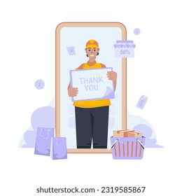 Illustration of thank you for shopping, a man with a thank you card