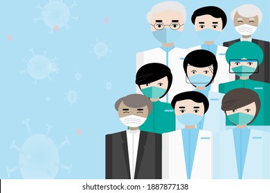 
Illustration of thanks to doctors and nurses for fighting COVID infection. Rescuers, ambulance therapists in masks