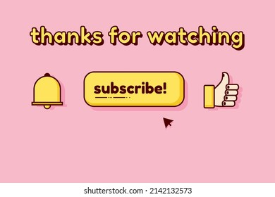 Ilustración gracias por ver, Vector Graphic Doodle Art of Subscribe Button, Like and Notification Bell Icon. Adecuado para el activo vlog