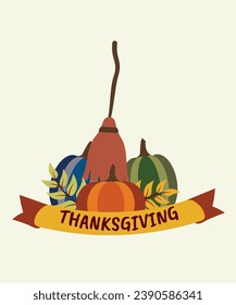  Illustration with Thanksgiving Banner and Broom,Pumpkins