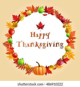 illustration of Thanksgiving celebration banner with maple leaf, apples, pumpkin