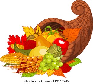 Illustration Of A Thanksgiving Cornucopia Full Of Harvest Fruits And Vegetables.