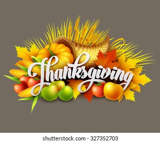 Illustration of a Thanksgiving cornucopia full of harvest fruits and vegetables. Vector EPS 10