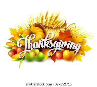 Illustration of a Thanksgiving cornucopia full of harvest fruits and vegetables. Vector EPS 10