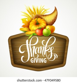 Illustration of a Thanksgiving cornucopia full of harvest fruits and vegetables. Fall greeting design. Autumn harvest celebration. Pumpkin and leaves. Vector illustration EPS10