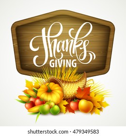 Illustration of a Thanksgiving cornucopia full of harvest fruits and vegetables. Fall greeting design. Autumn harvest celebration. Pumpkin and leaves. Vector illustration EPS10