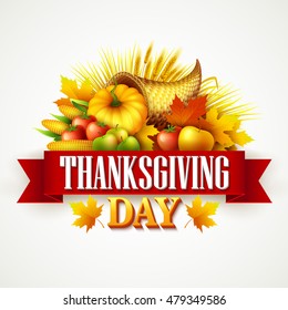 Illustration of a Thanksgiving cornucopia full of harvest fruits and vegetables. Fall greeting design. Autumn harvest celebration. Pumpkin and leaves. Vector illustration EPS10