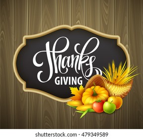 Illustration of a Thanksgiving cornucopia full of harvest fruits and vegetables. Fall greeting design. Autumn harvest celebration. Pumpkin and leaves. Vector illustration EPS10
