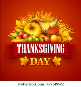 Illustration of a Thanksgiving cornucopia full of harvest fruits and vegetables. Fall greeting design. Autumn harvest celebration. Pumpkin and leaves. Vector illustration EPS10