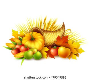 Illustration of a Thanksgiving cornucopia full of harvest fruits and vegetables. Fall greeting design. Autumn harvest celebration. Pumpkin and leaves. Vector illustration EPS10